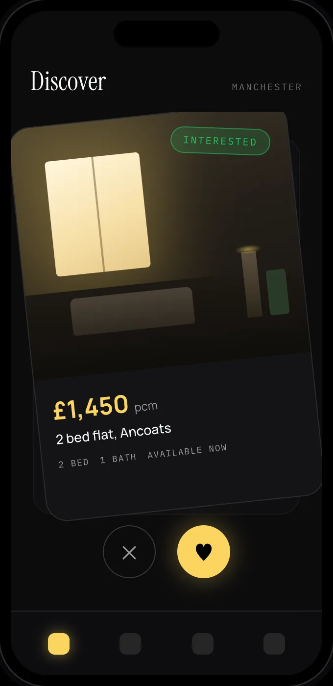 Moveasy discover screen showing a property card mid swipe