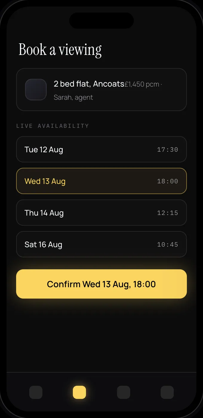 Moveasy viewing booking screen with available time slots