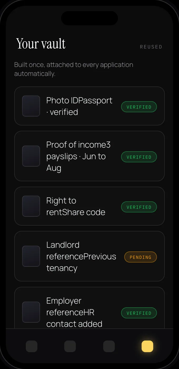 Moveasy document vault screen listing verified documents
