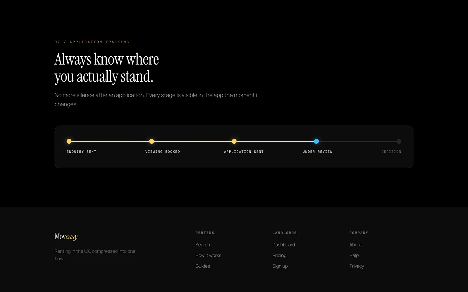 Moveasy application tracking timeline on the marketing site