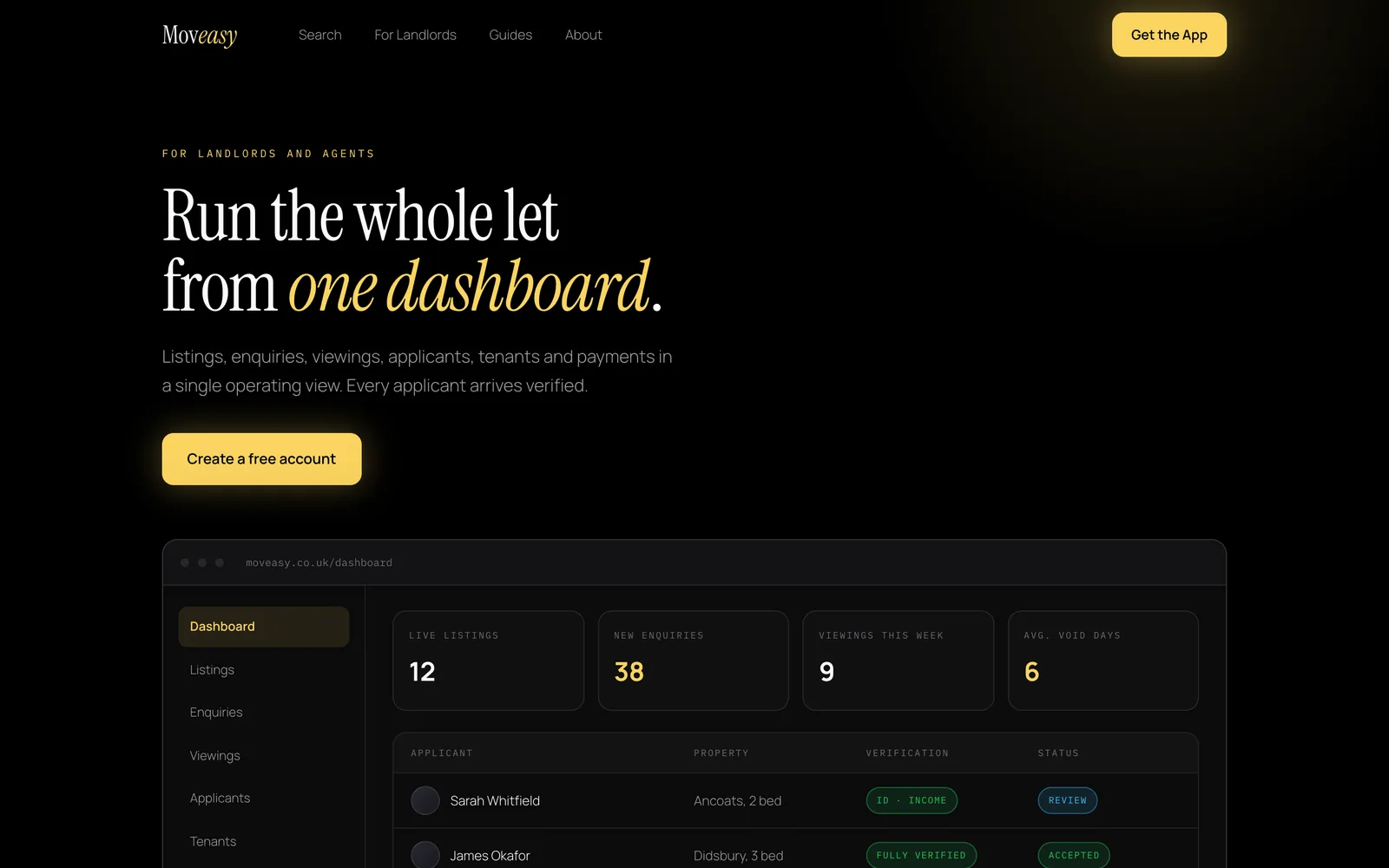 Moveasy landlord page showing the property dashboard