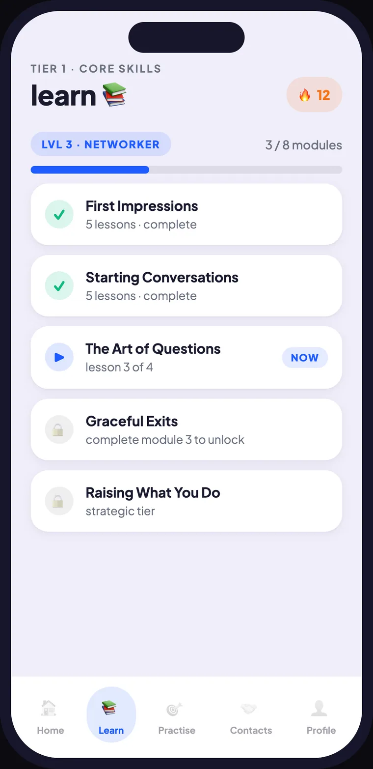 NetworkOS learn screen showing core skill modules and progress