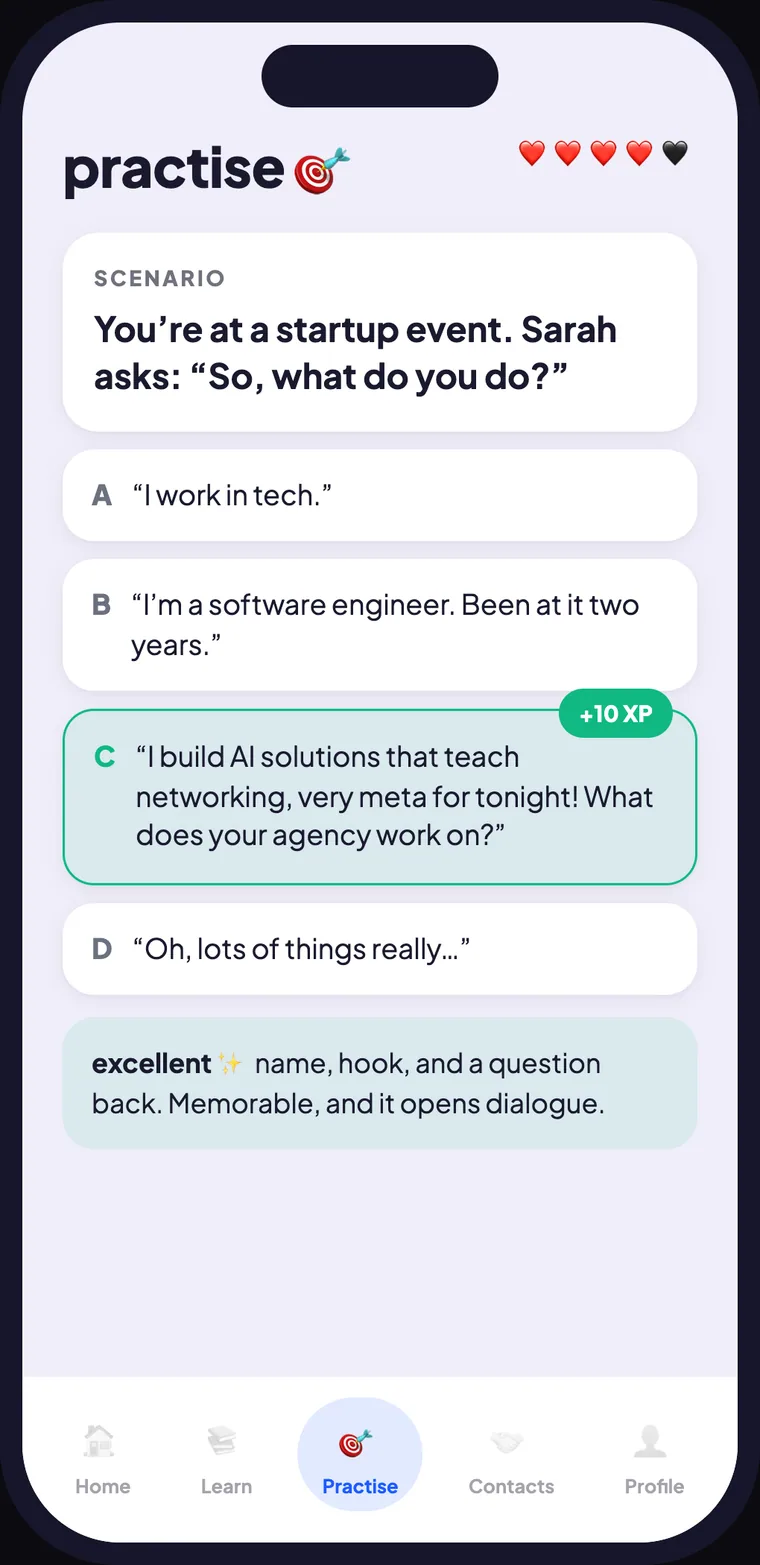 NetworkOS practise screen with a scenario and multiple choice replies