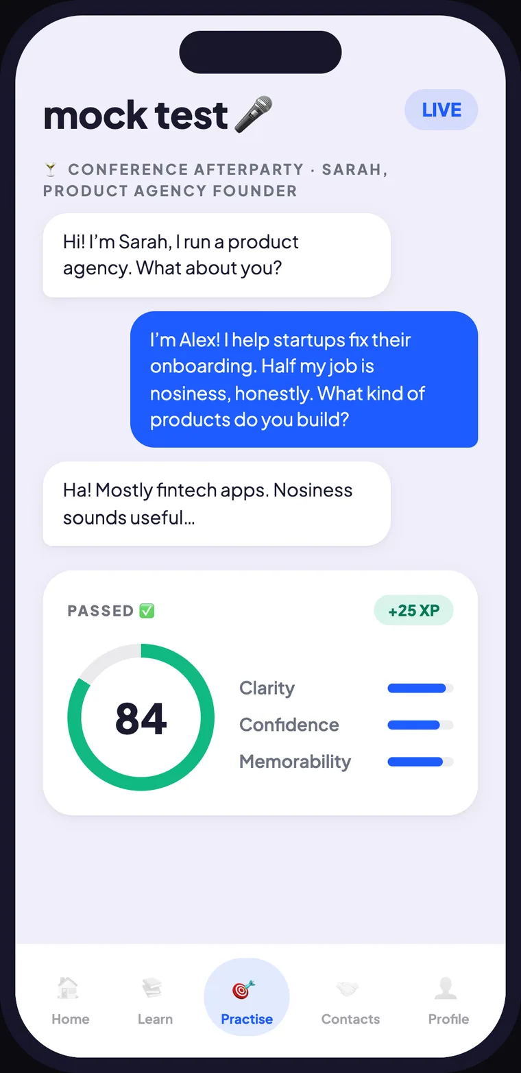 NetworkOS scoring screen rating a practise conversation
