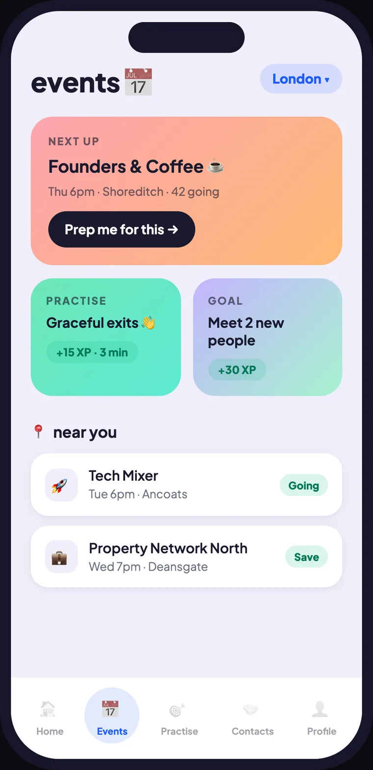 NetworkOS events screen listing real world networking events