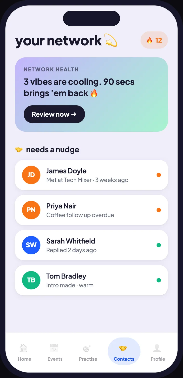 NetworkOS contacts screen showing relationship warmth and follow ups