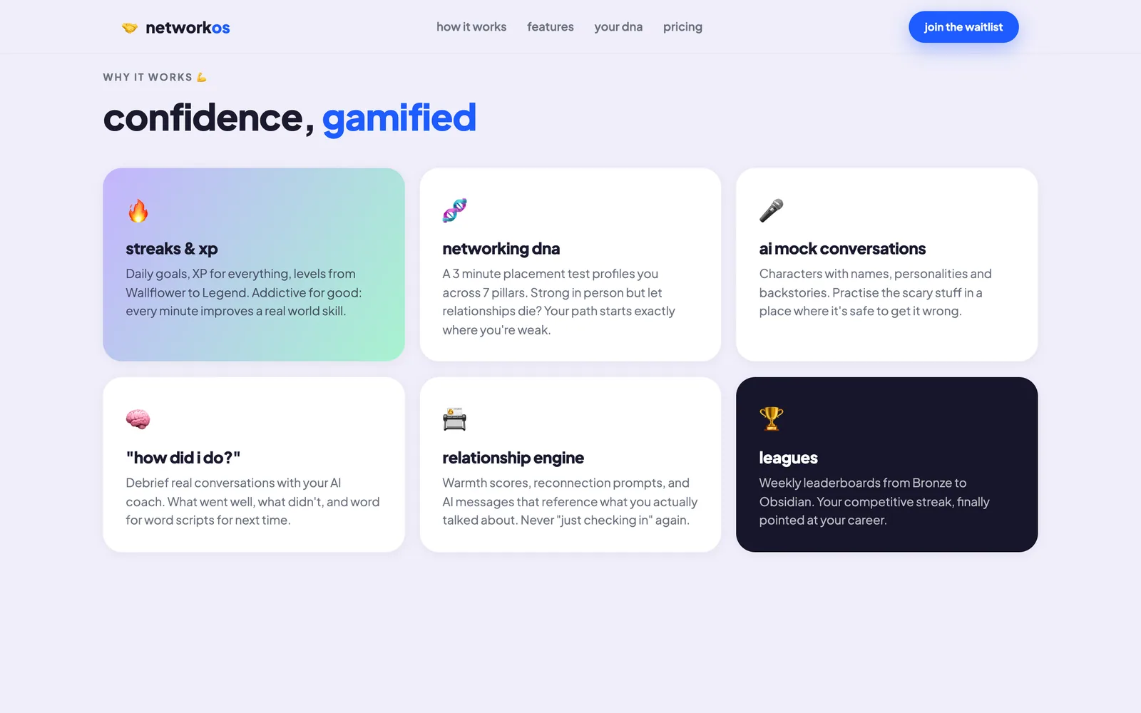 NetworkOS features including streaks and XP, networking DNA and AI mock conversations