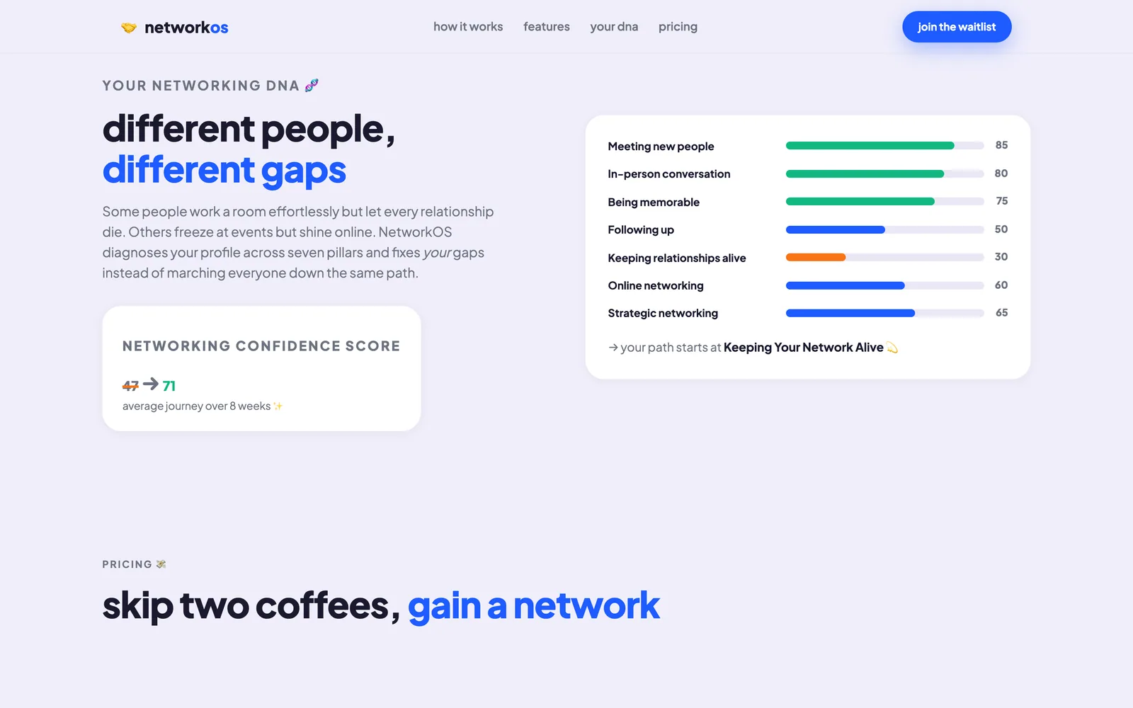 NetworkOS networking DNA profile chart